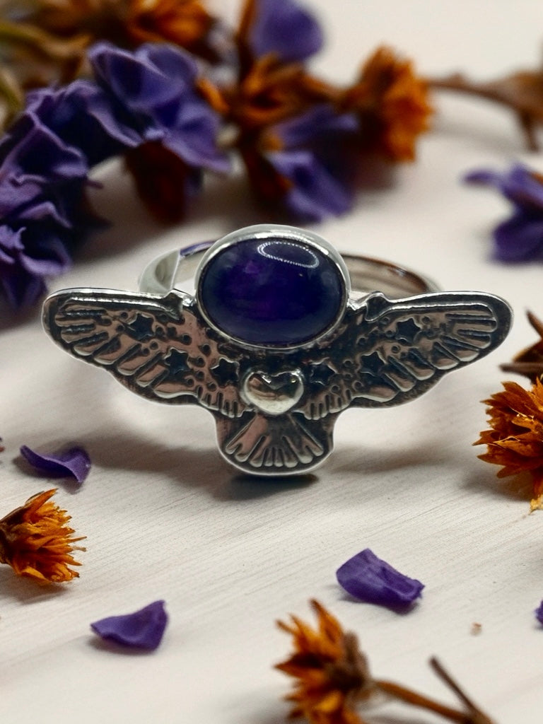 Adjustable owl fits sizes 5-10 amethyst sterling silver