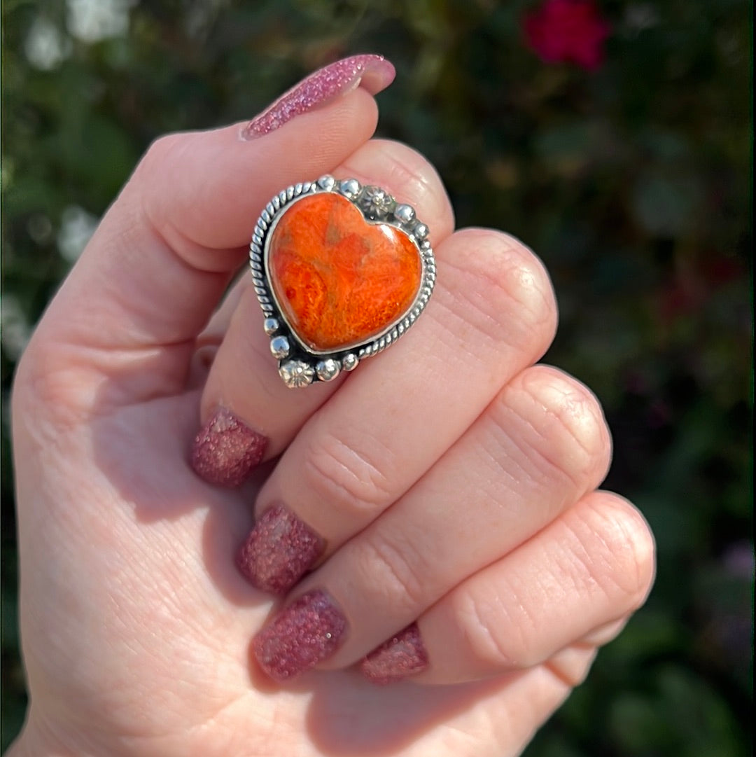 Size 8 Red Sponge Coral Heart Ring Sterling Silverl