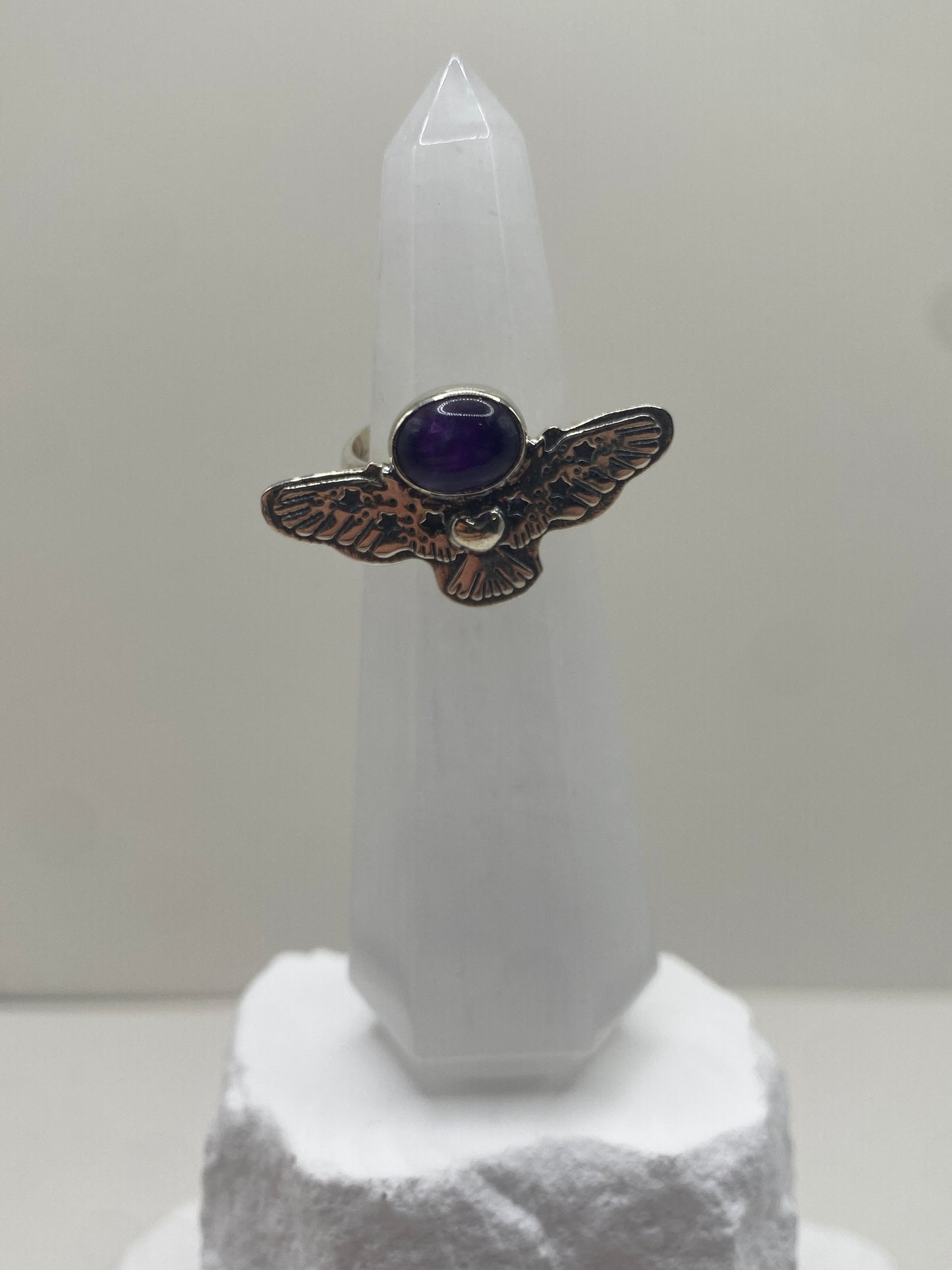 Adjustable owl fits sizes 5-10 amethyst sterling silver