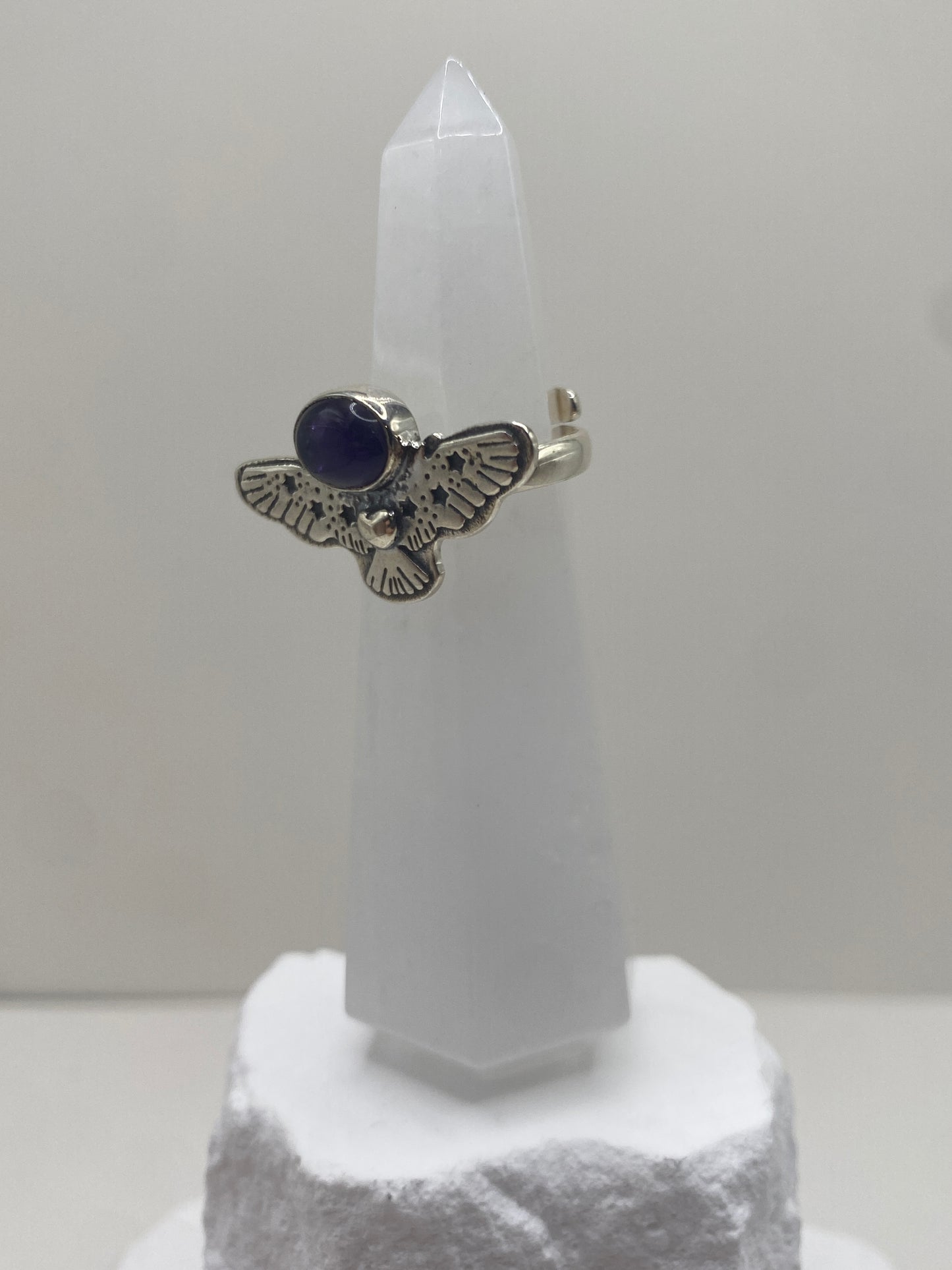 Adjustable owl fits sizes 5-10 amethyst sterling silver