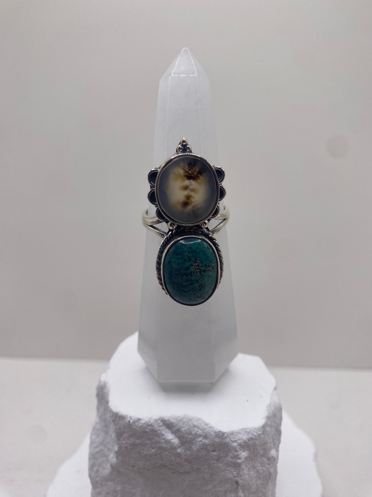 Size 9.25 dendritic agate + Tibetan turquoise sterling silver