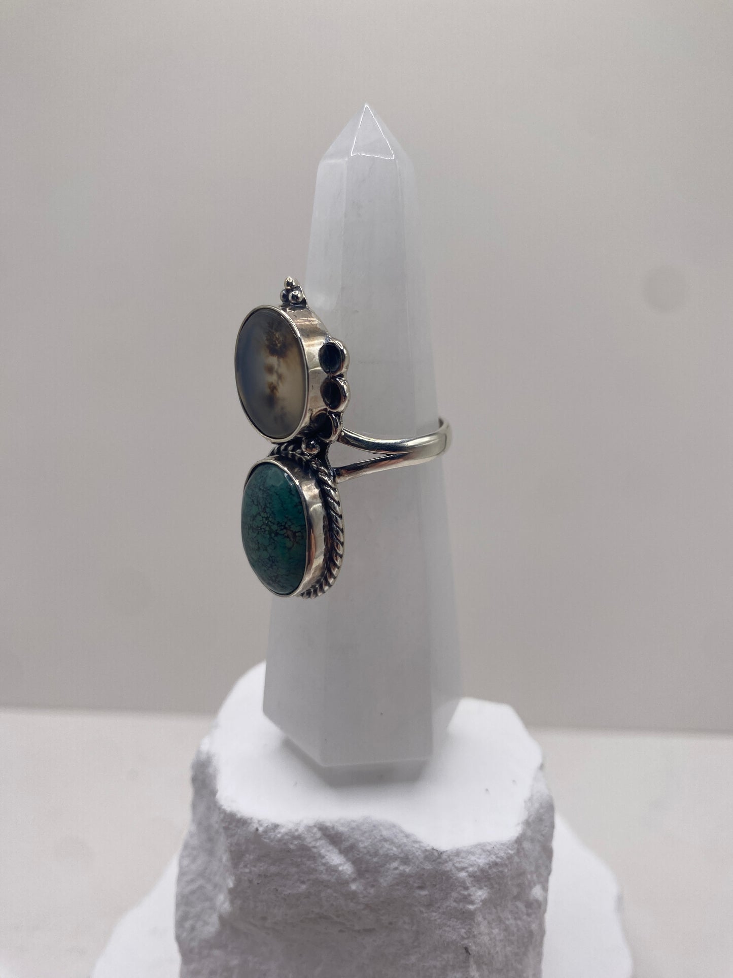 Size 9.25 dendritic agate + Tibetan turquoise sterling silver