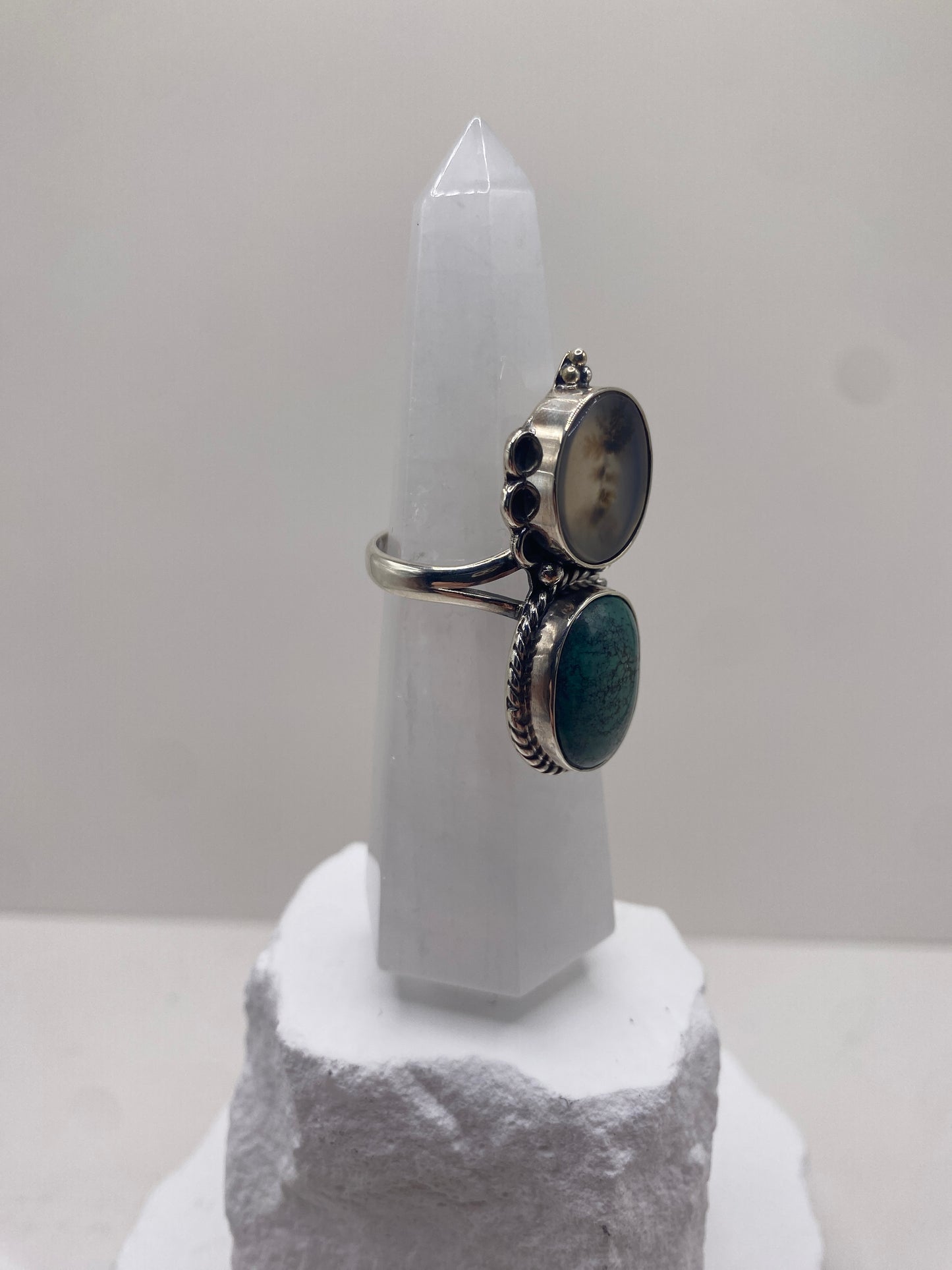 Size 9.25 dendritic agate + Tibetan turquoise sterling silver