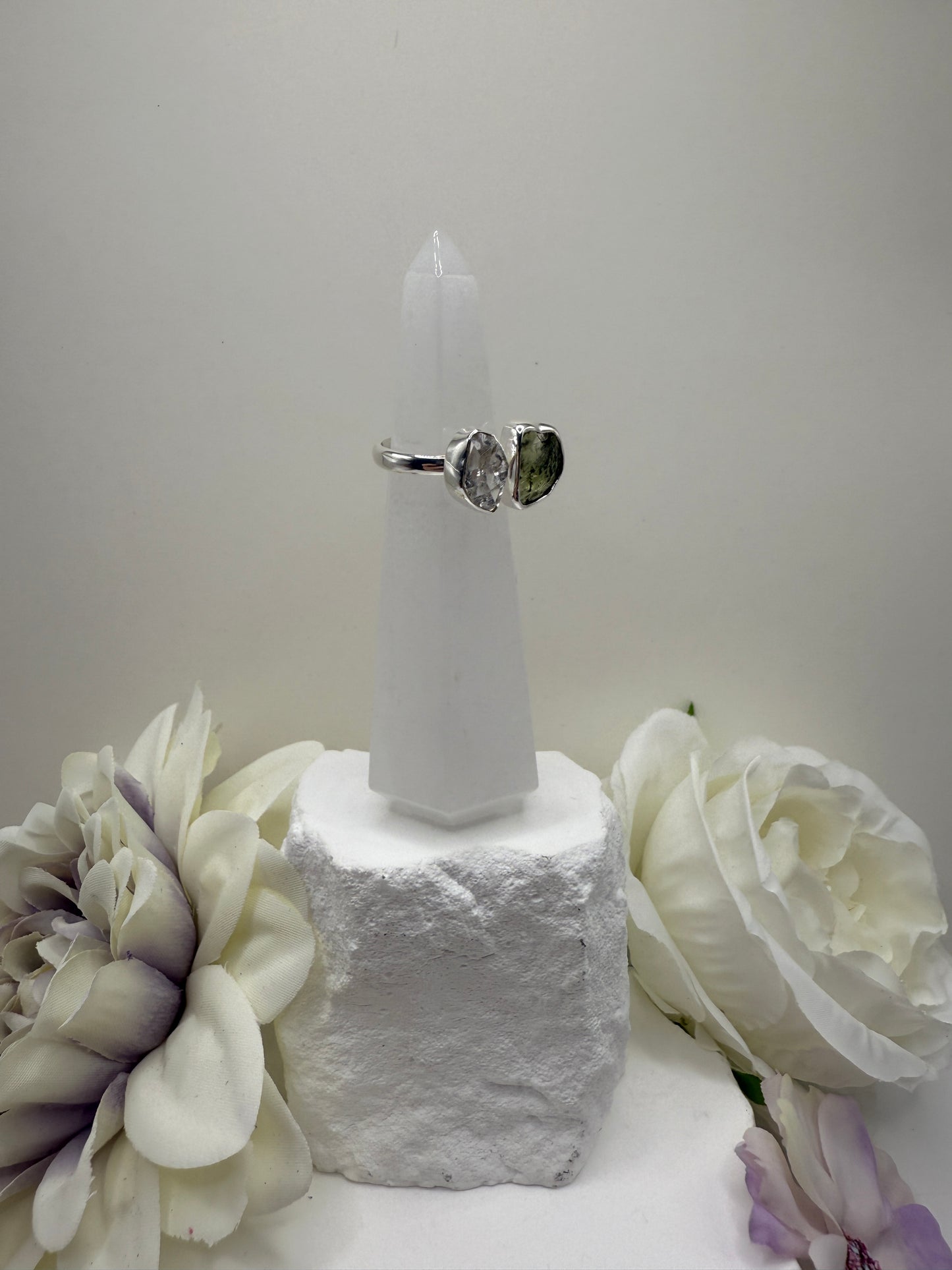Size 6.75 moldavite herkimer sterling silver