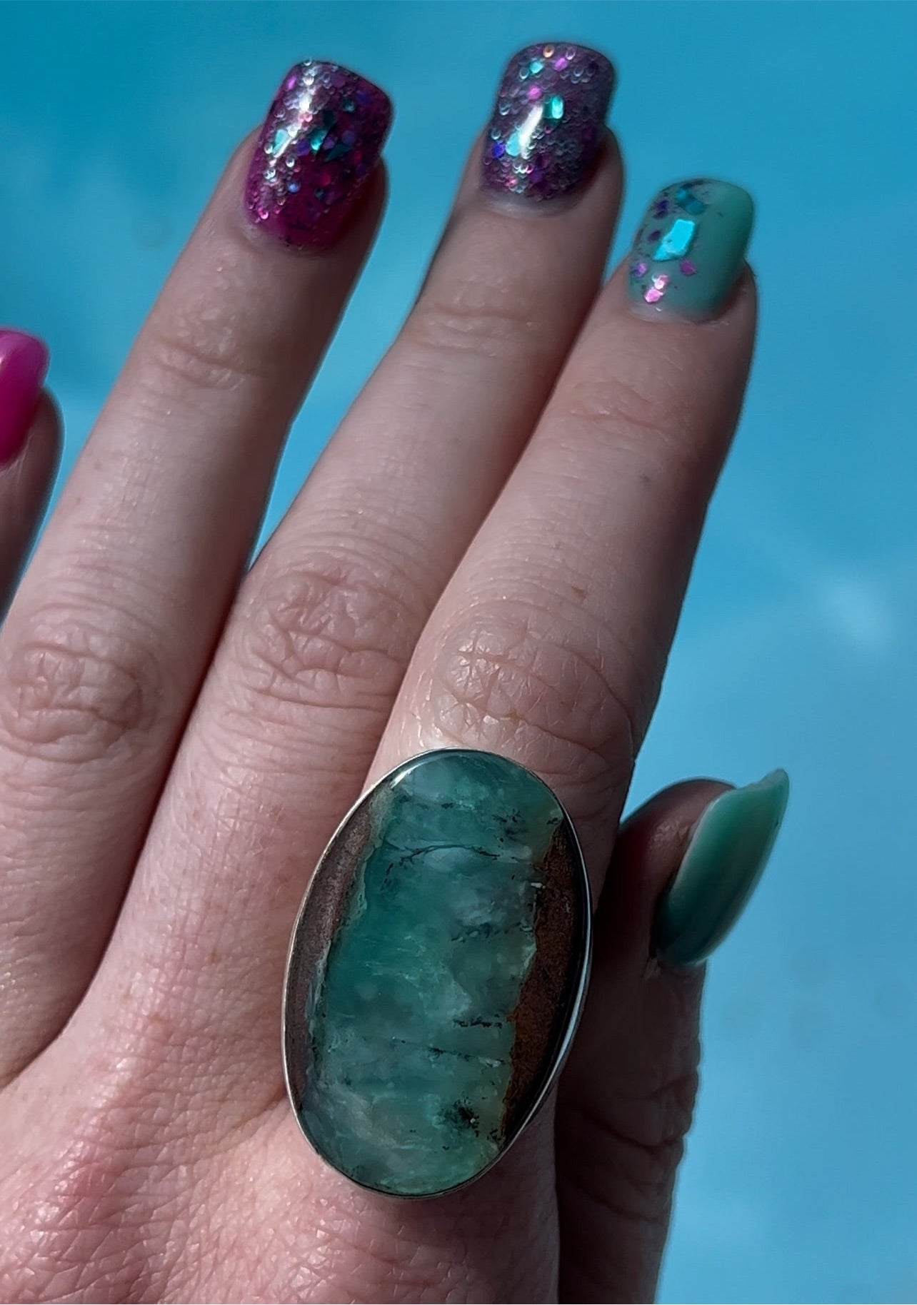 Size 7.75 Chrysoprase Ring Sterling Silver