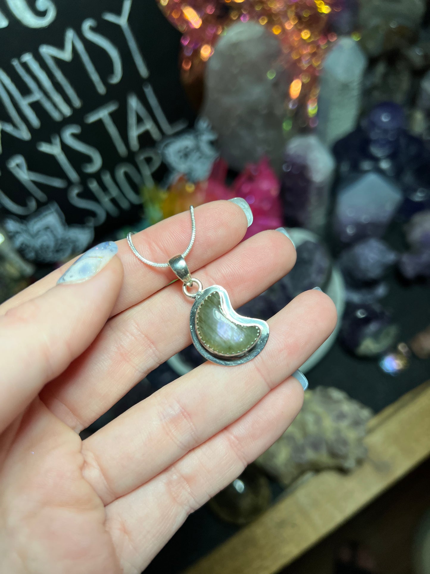 Purple Labradorite Moon Necklace Sterling Silver