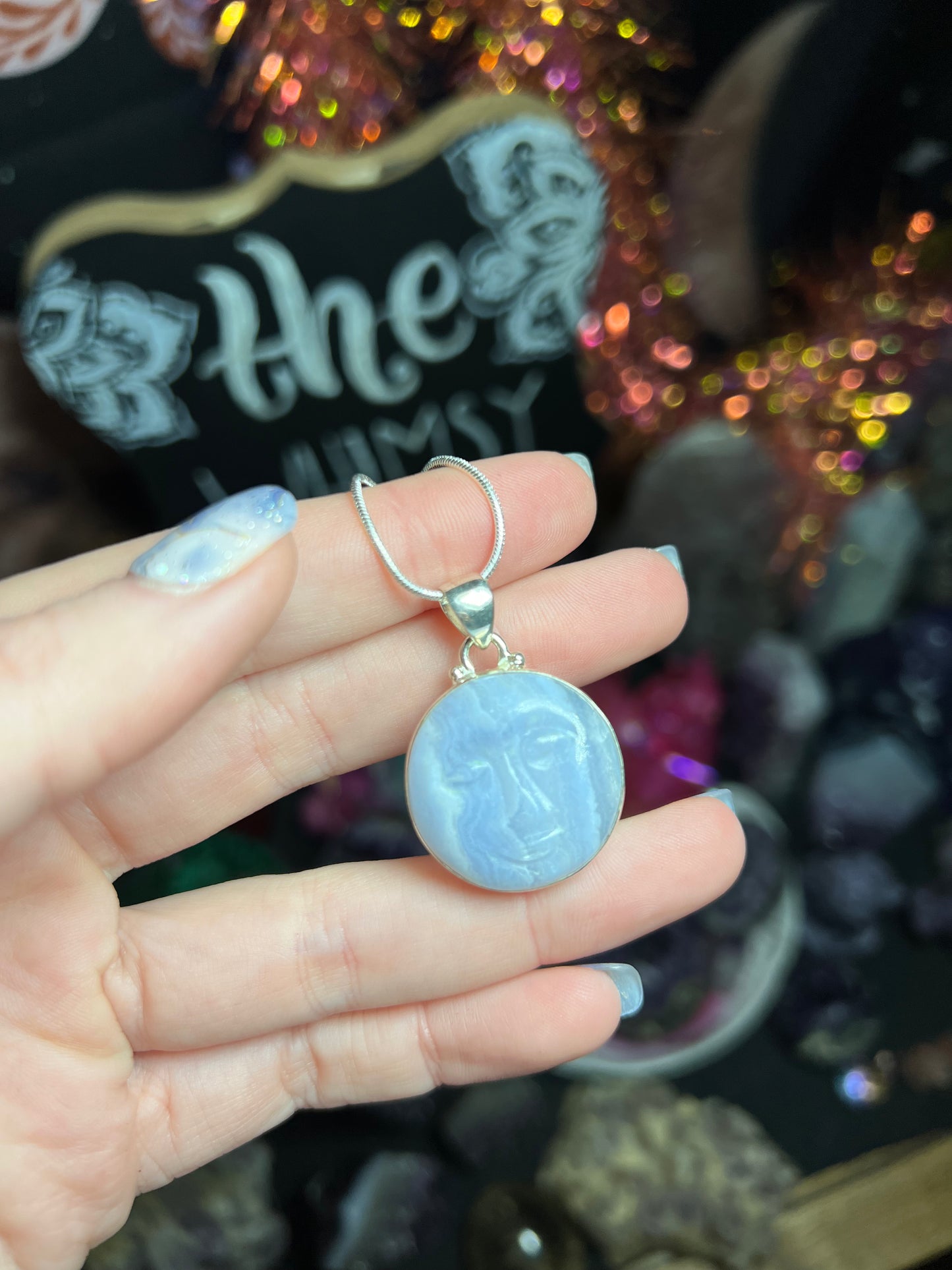 Carved Blue Lace Agate Moon Necklace Sterling Silver