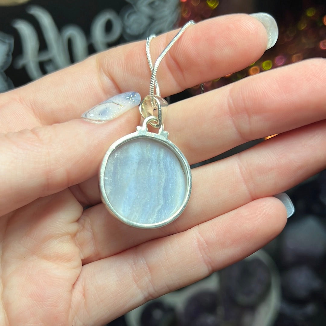 Carved Blue Lace Agate Moon Necklace Sterling Silver
