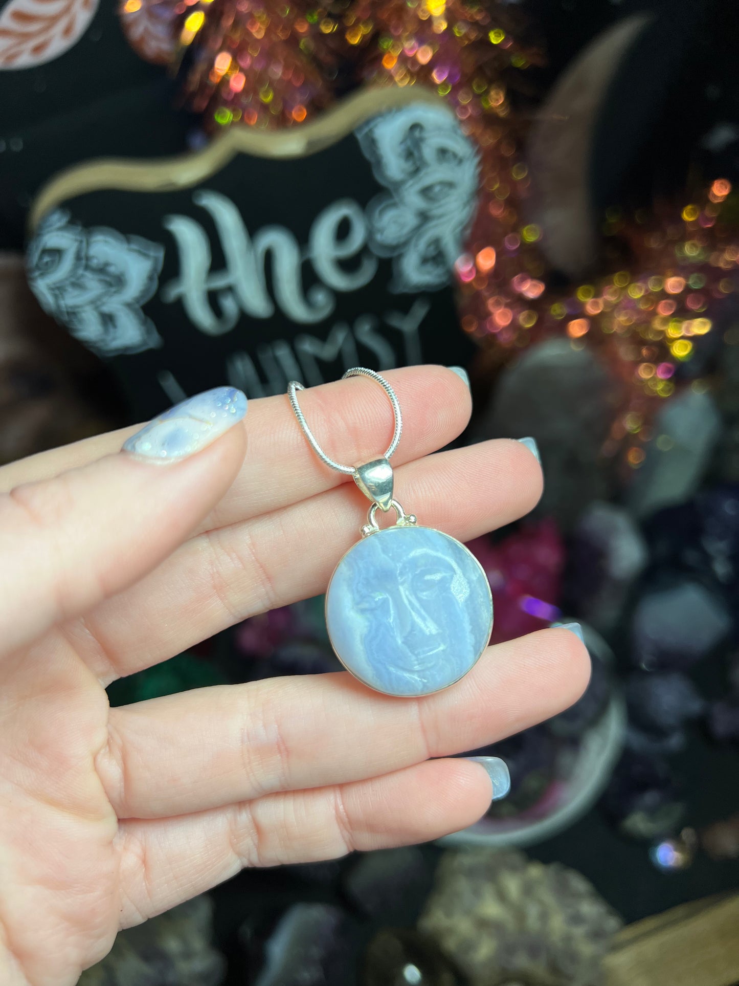 Carved Blue Lace Agate Moon Necklace Sterling Silver