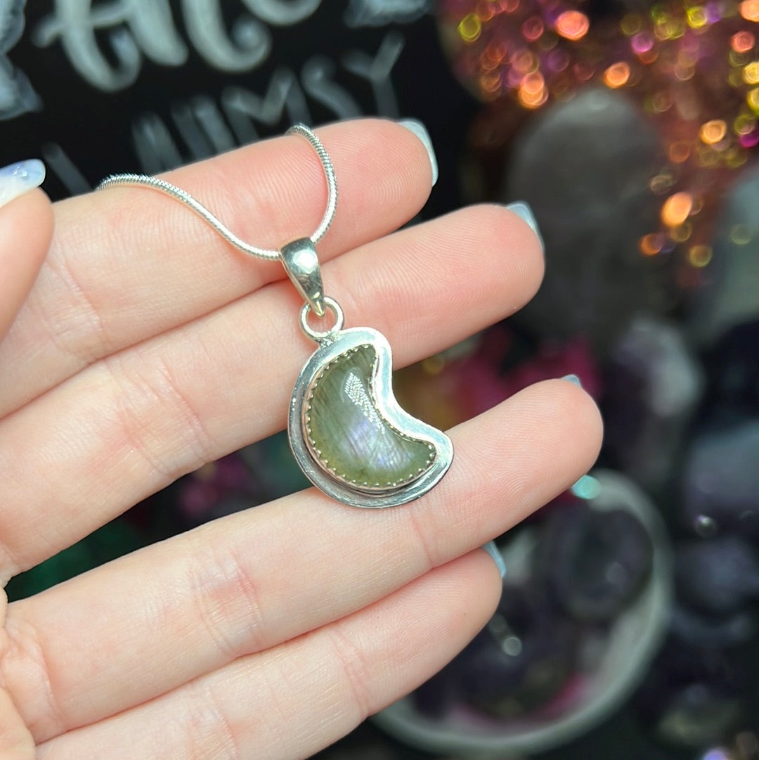 Purple Labradorite Moon Necklace Sterling Silver