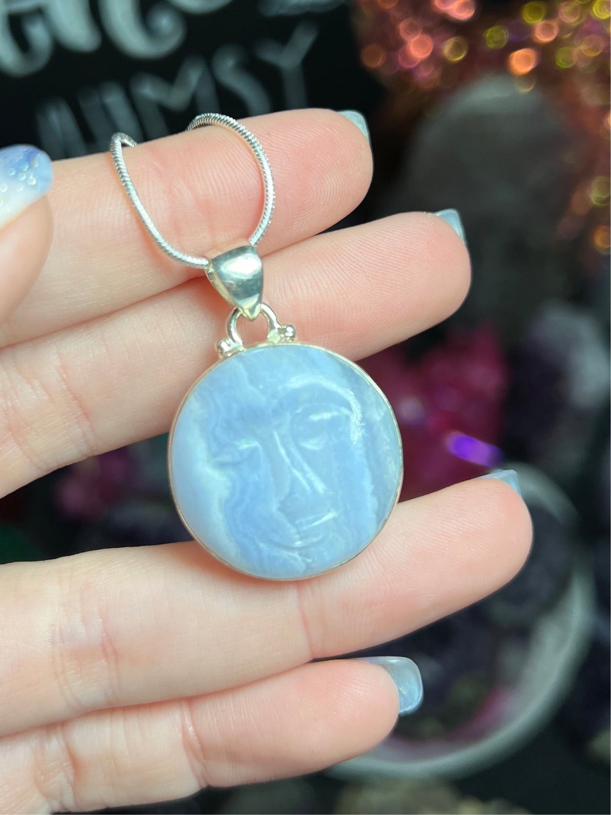 Carved Blue Lace Agate Moon Necklace Sterling Silver