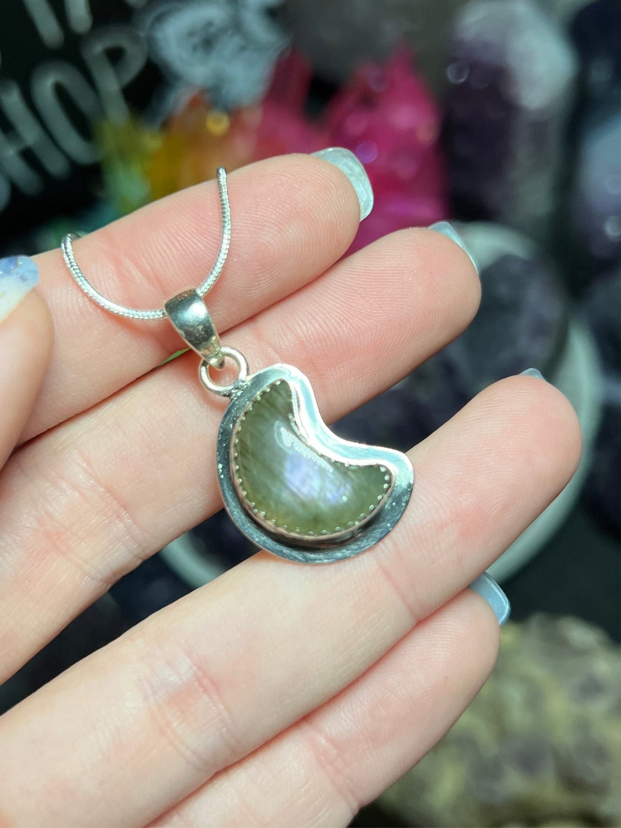 Purple Labradorite Moon Necklace Sterling Silver
