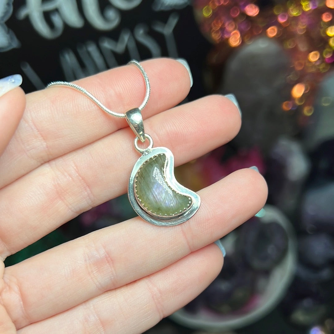Purple Labradorite Moon Necklace Sterling Silver