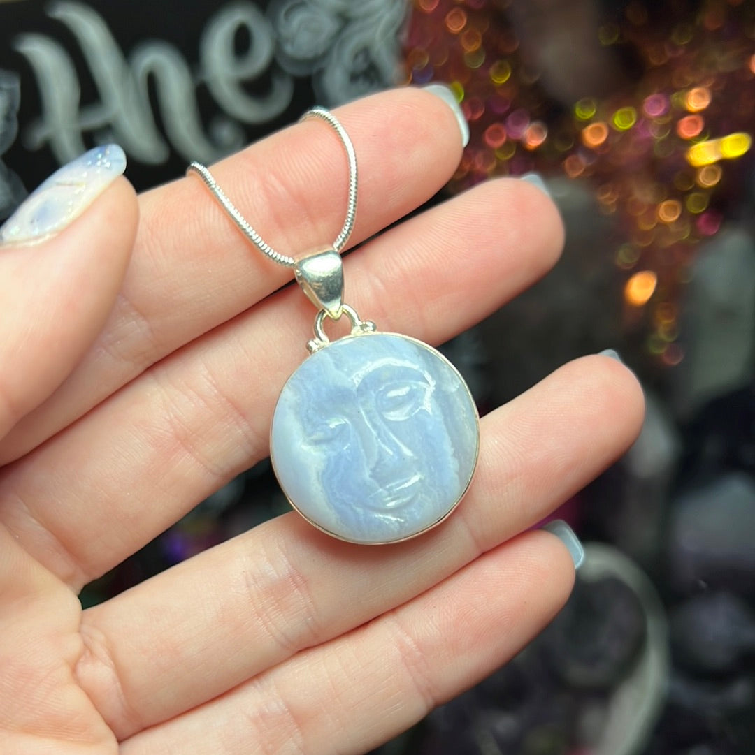 Carved Blue Lace Agate Moon Necklace Sterling Silver