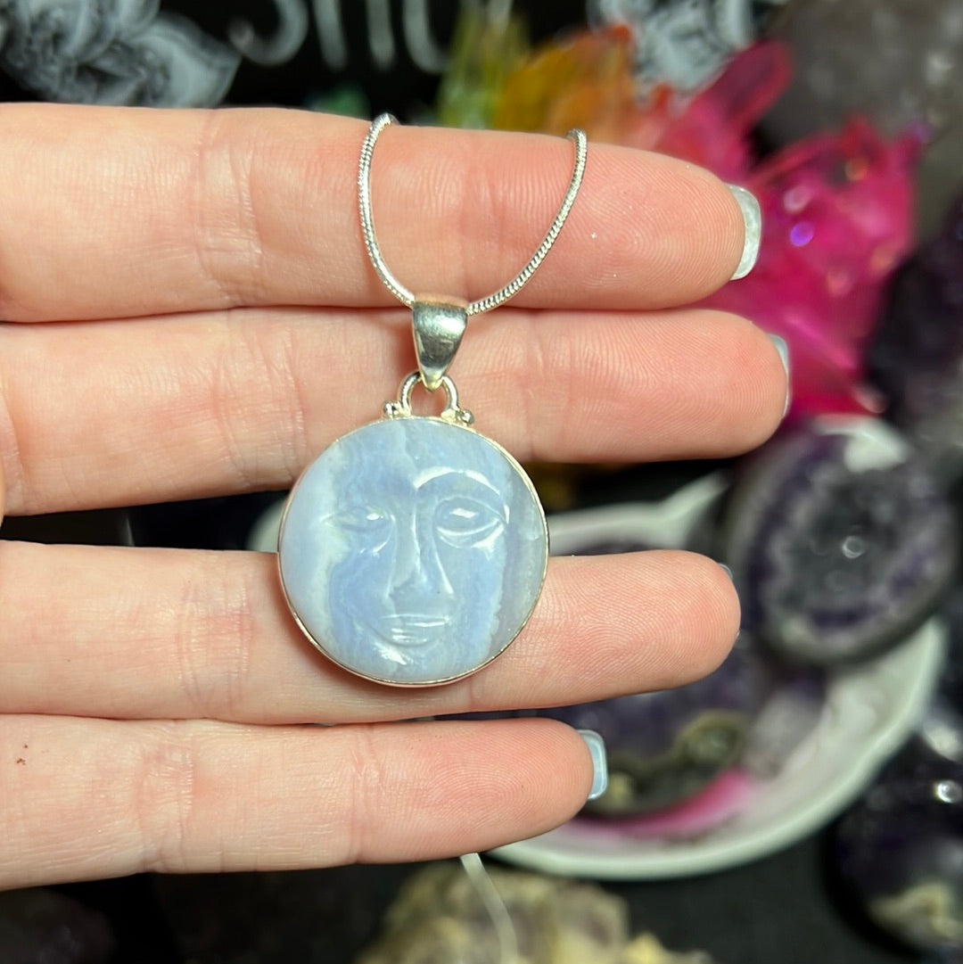 Carved Blue Lace Agate Moon Necklace Sterling Silver