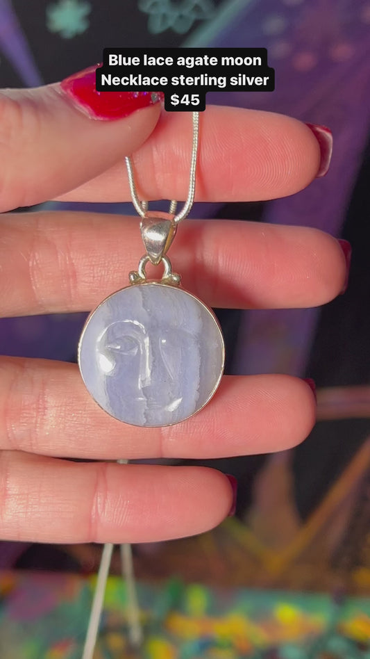 Carved Blue Lace Agate Moon Necklace Sterling Silver