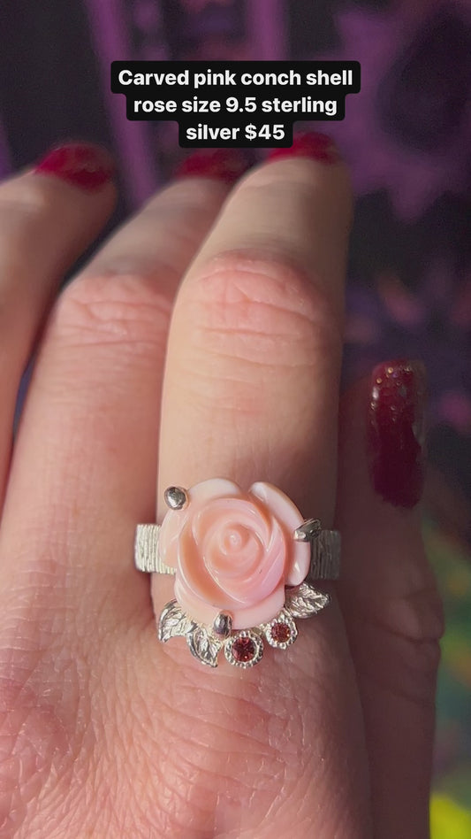 Size 9.5 Pink Conch Shell Carved Rose Ring sterling silver