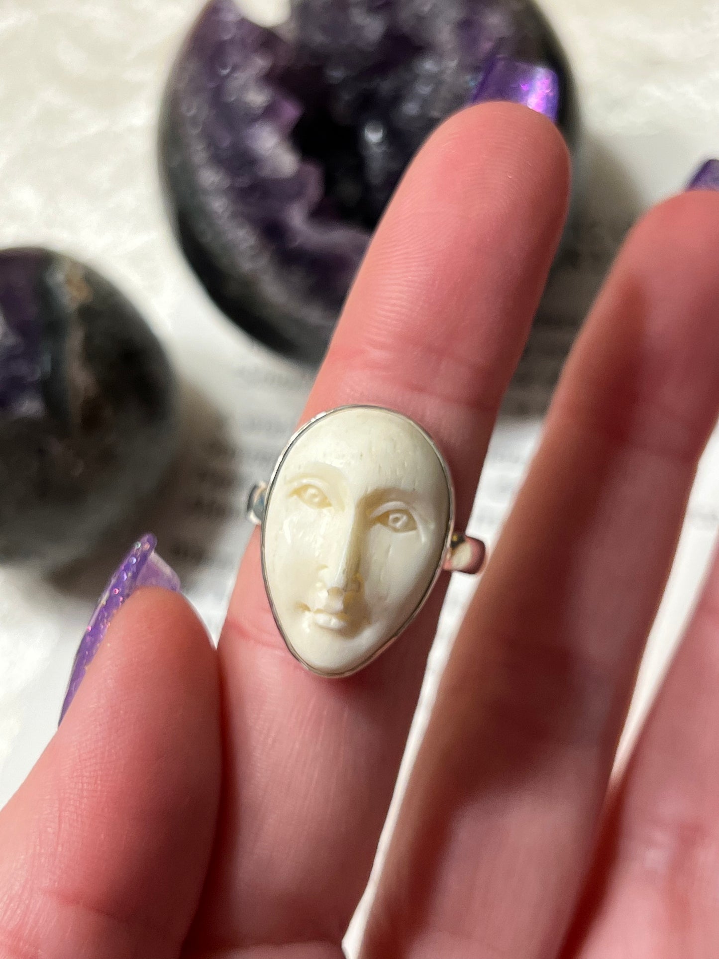 Size 9 Tibetan Carved Yak Bone Goddess Ring Sterling Silver