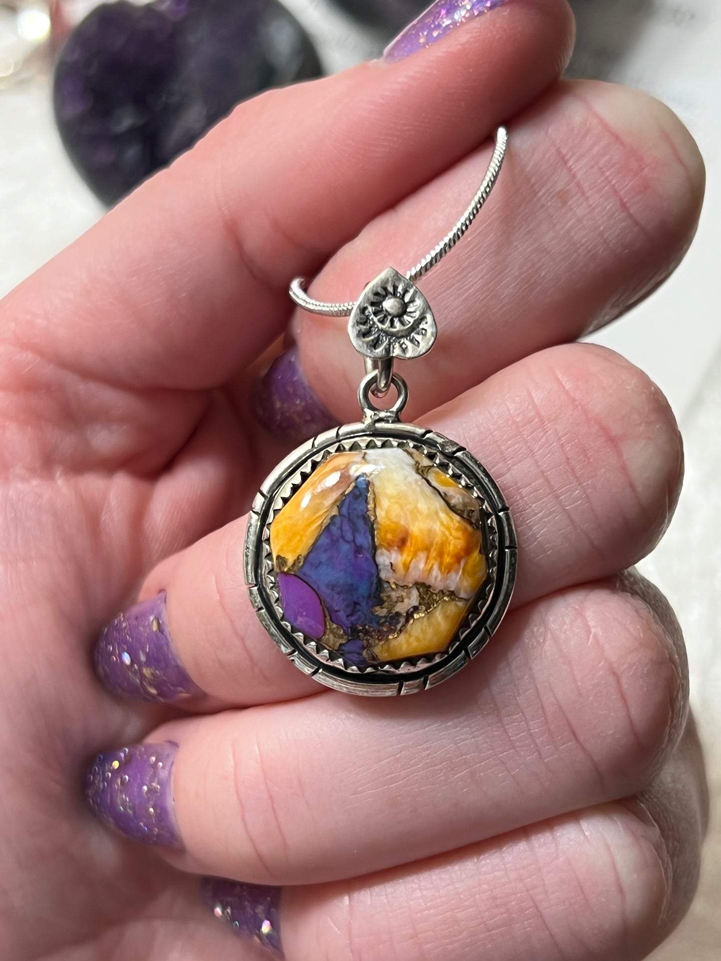 Purple Copper Turquoise and Spiney Oyster Necklace Sterling Silver