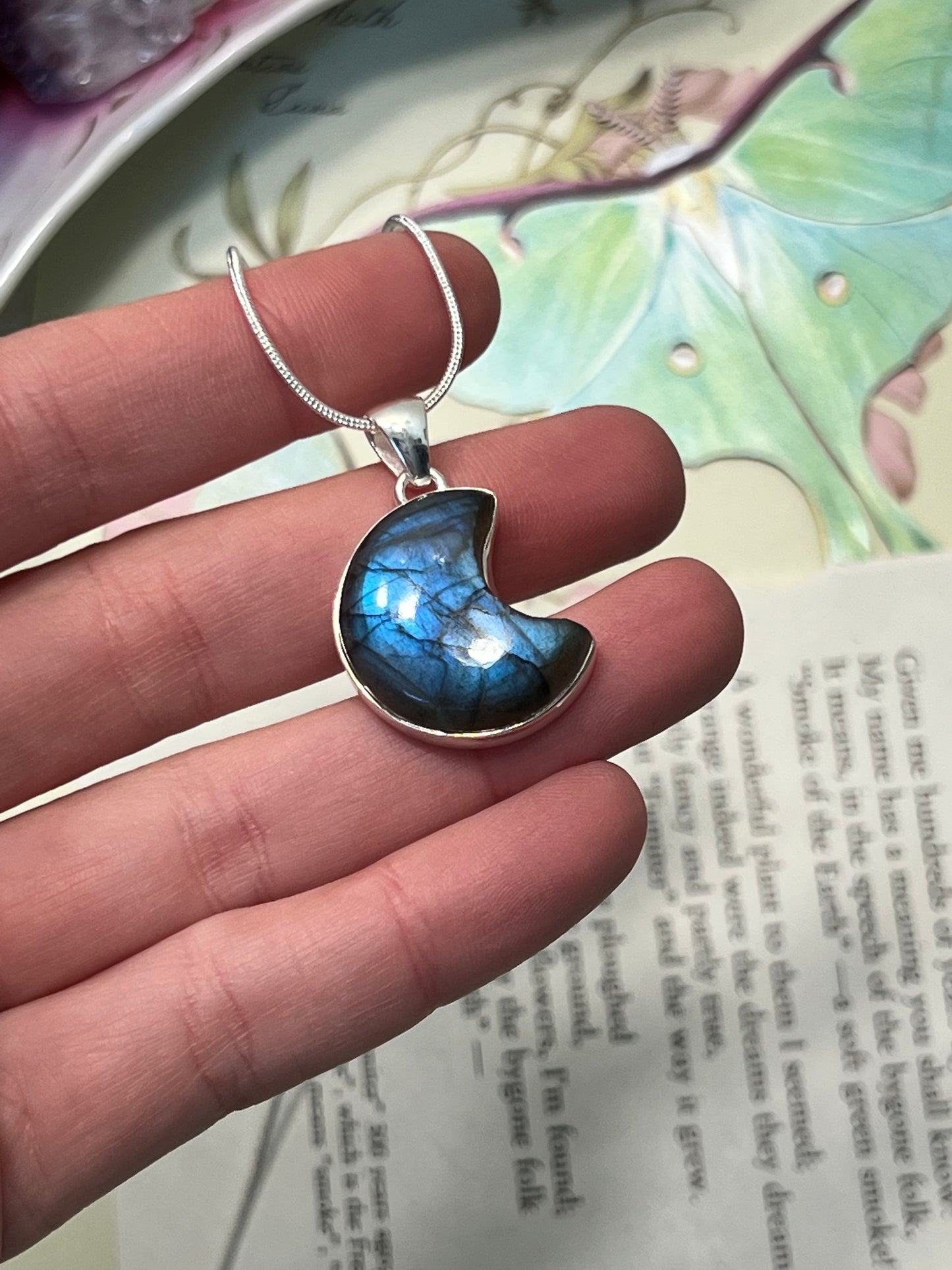 Labradorite moon Pendant Necklace Sterling Silver