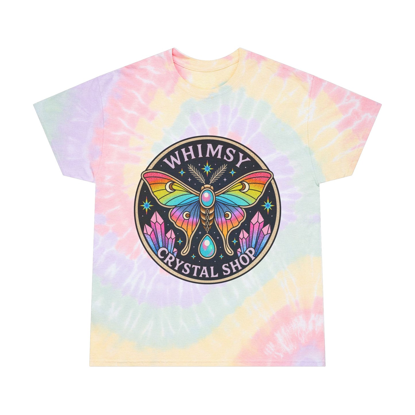 Whimsy Crystal Shop Tie-Dye Tee — Pastel Spiral Butterfly Logo