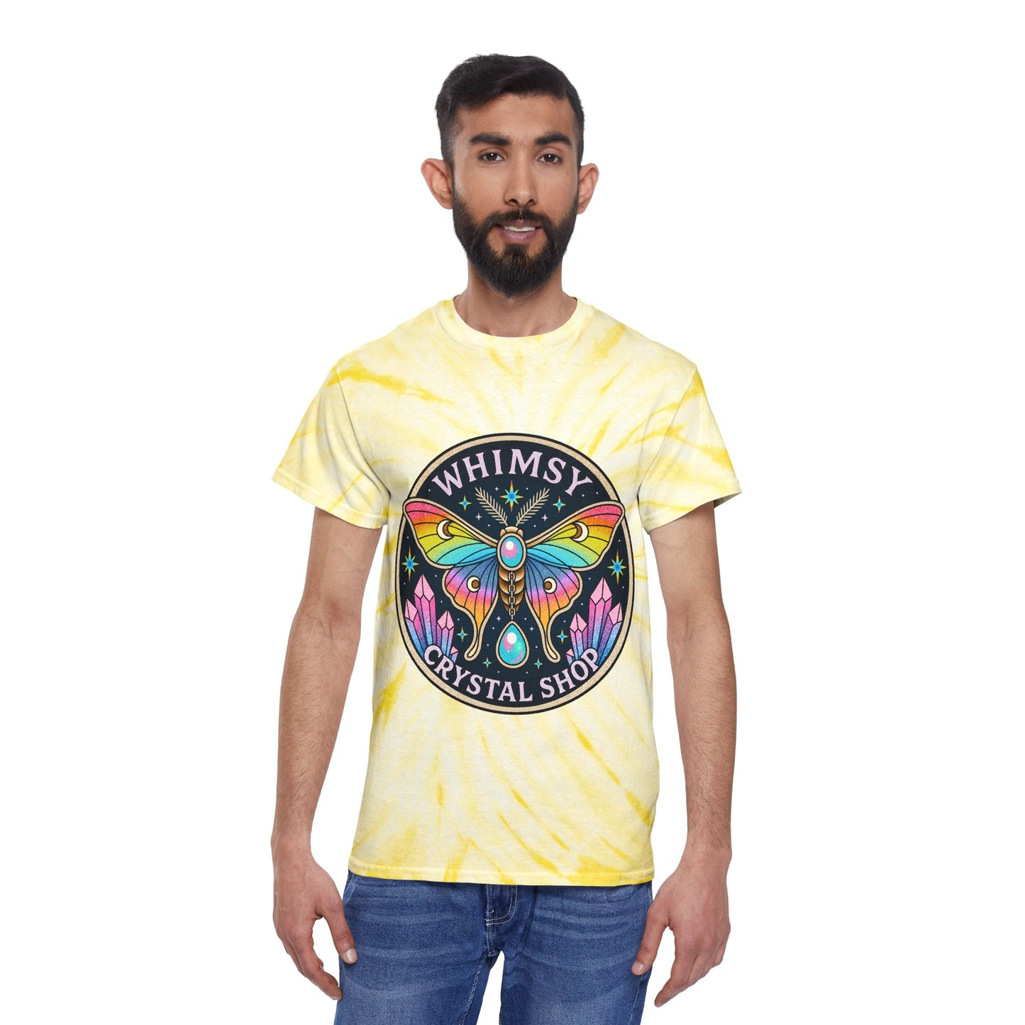 Whimsy Crystal Shop Tie-Dye Tee — Yellow Cyclone Moth Graphic