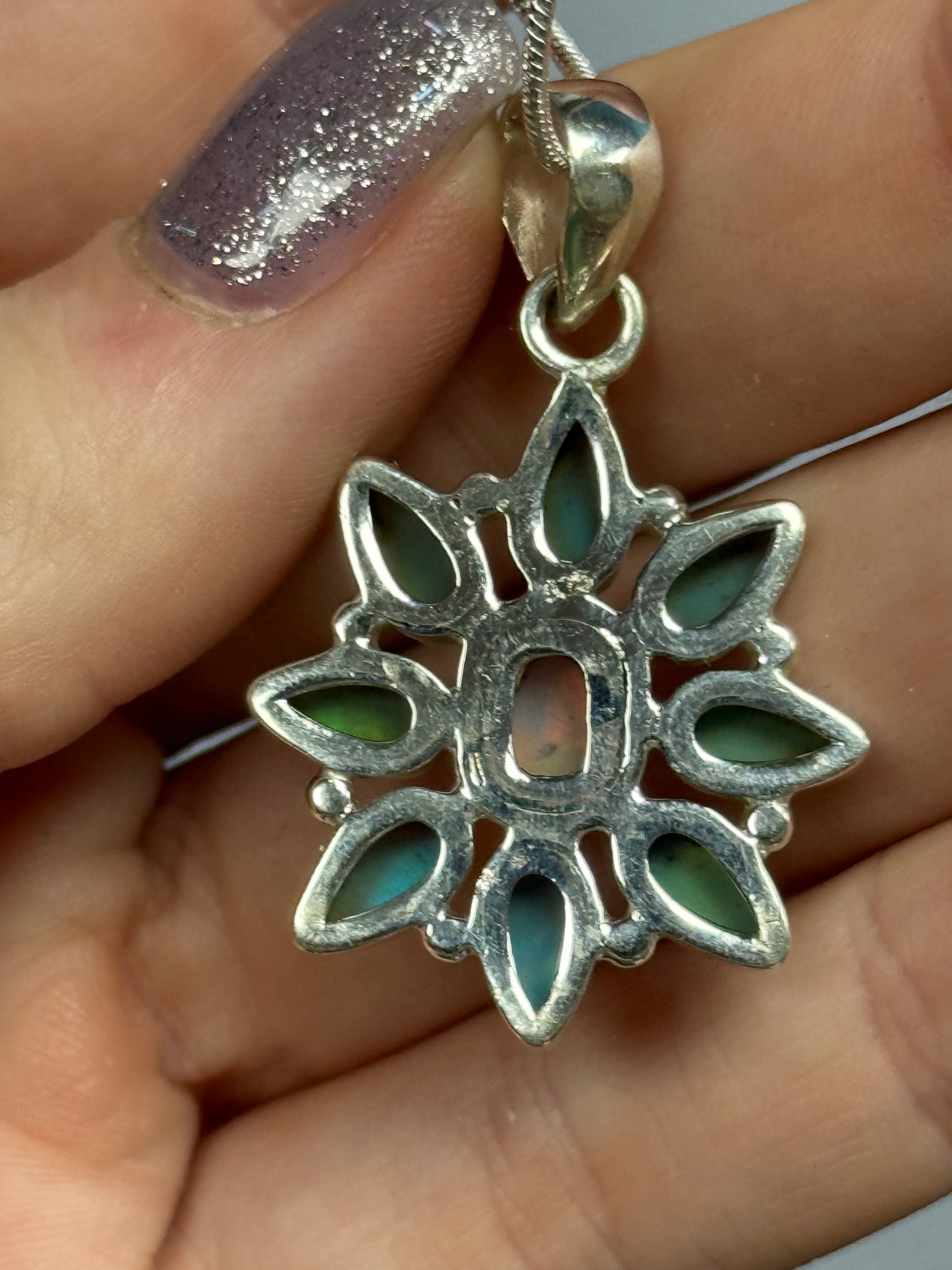 Reserved sally Lab Aurora Opal Flower Pendant Necklace Sterling Silver