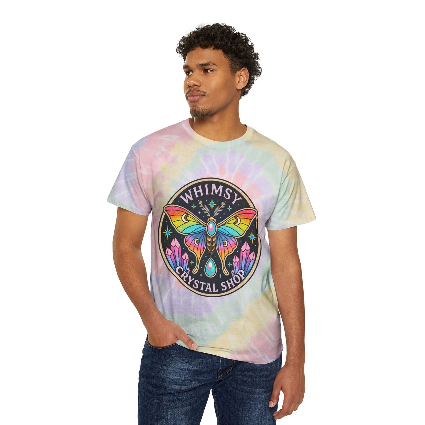 Whimsy Crystal Shop Tie-Dye Tee — Pastel Spiral Butterfly Logo