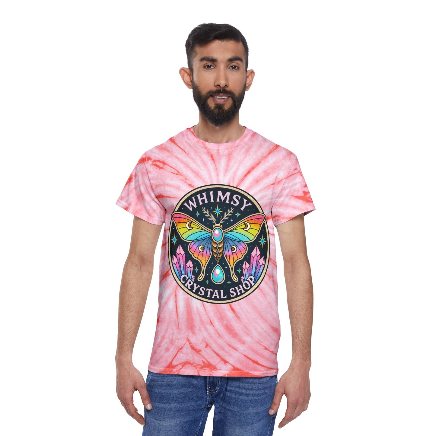Whimsy Crystal Shop Tie-Dye Tee — Yellow Cyclone Moth Graphic