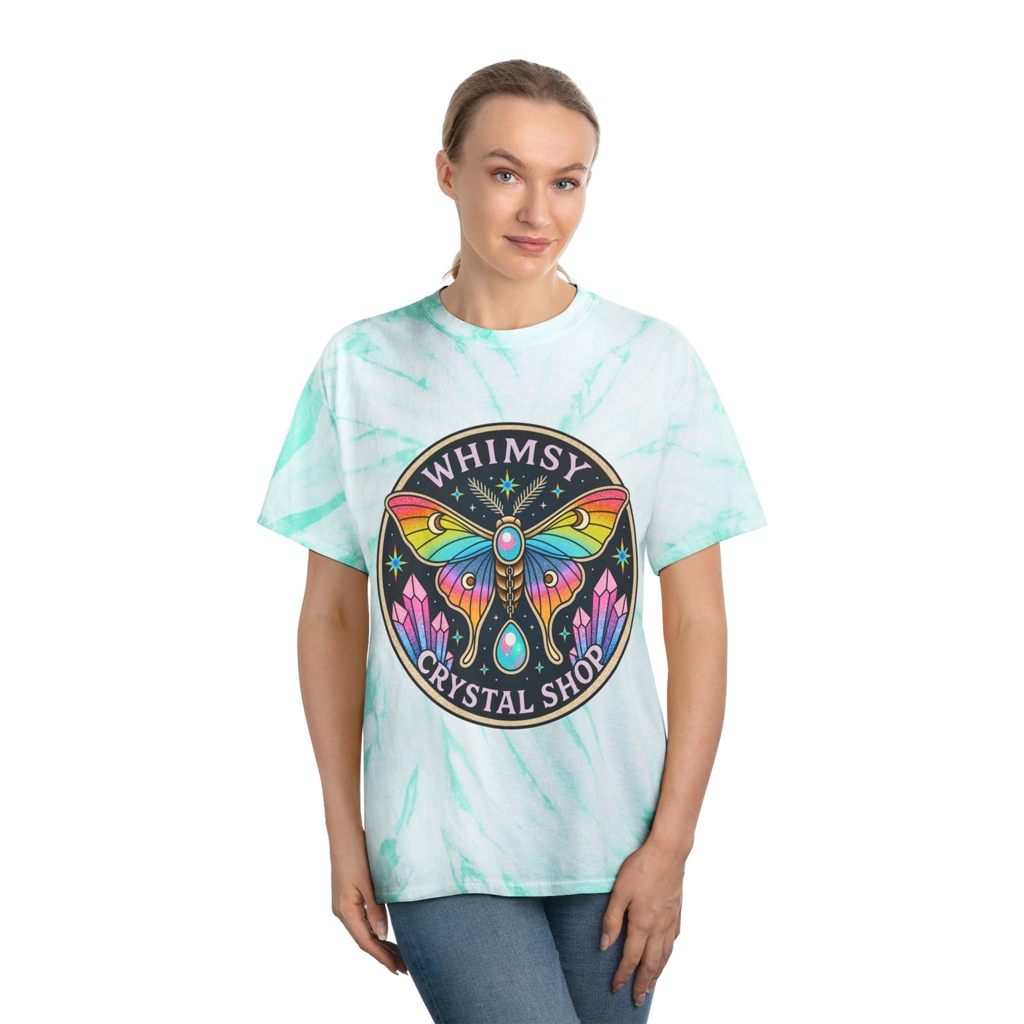 Whimsy Crystal Shop Tie-Dye Tee — Yellow Cyclone Moth Graphic