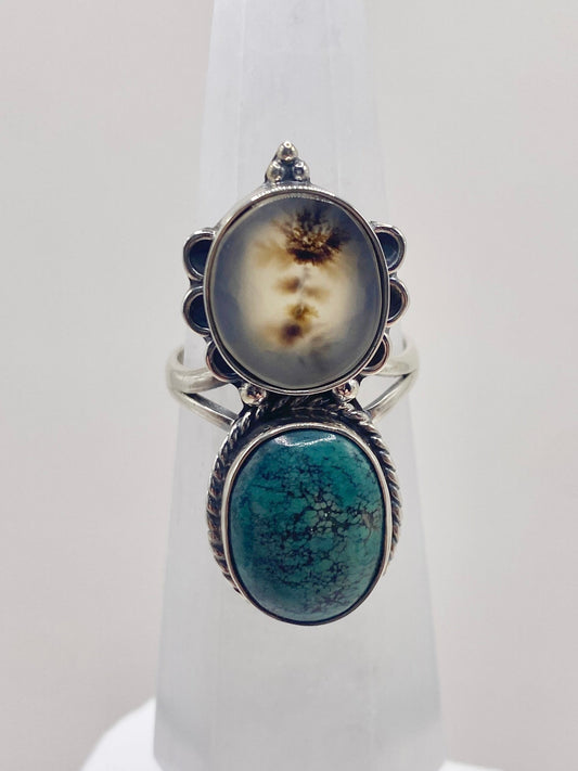 Size 9.25 dendritic agate + Tibetan turquoise sterling silver