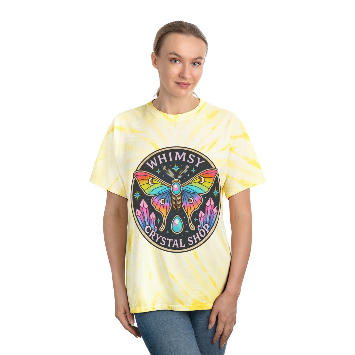 Whimsy Crystal Shop Tie-Dye Tee — Yellow Cyclone Moth Graphic