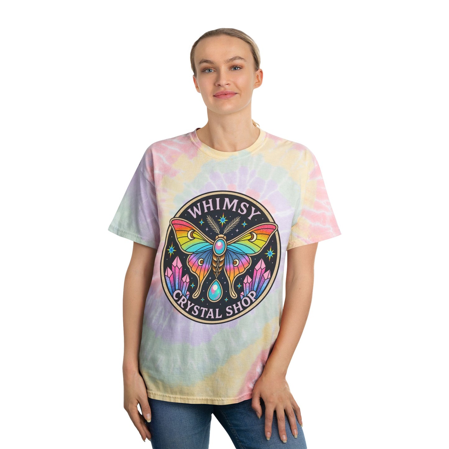 Whimsy Crystal Shop Tie-Dye Tee — Pastel Spiral Butterfly Logo