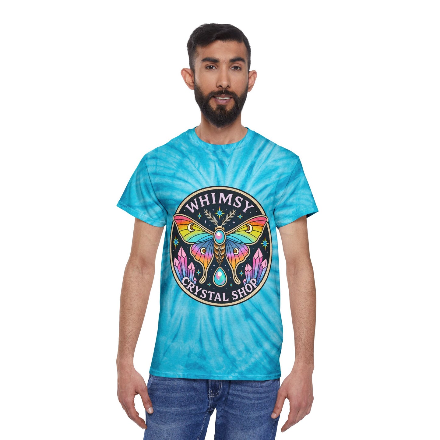 Whimsy Crystal Shop Tie-Dye Tee — Yellow Cyclone Moth Graphic