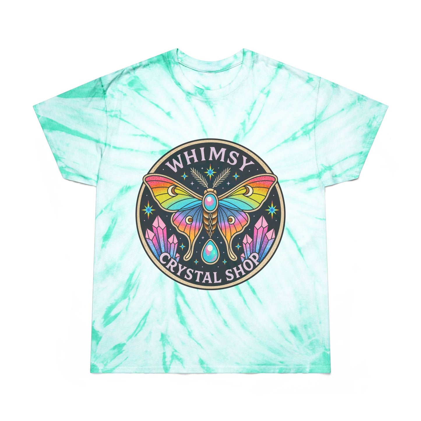 Whimsy Crystal Shop Tie-Dye Tee — Yellow Cyclone Moth Graphic