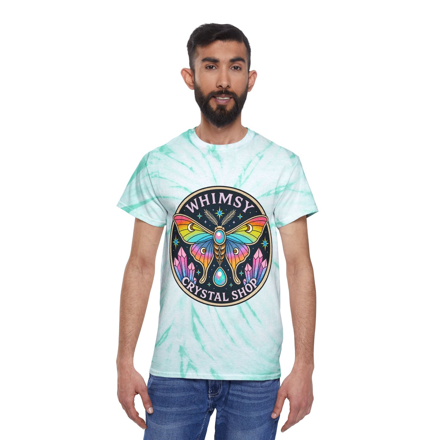 Whimsy Crystal Shop Tie-Dye Tee — Yellow Cyclone Moth Graphic