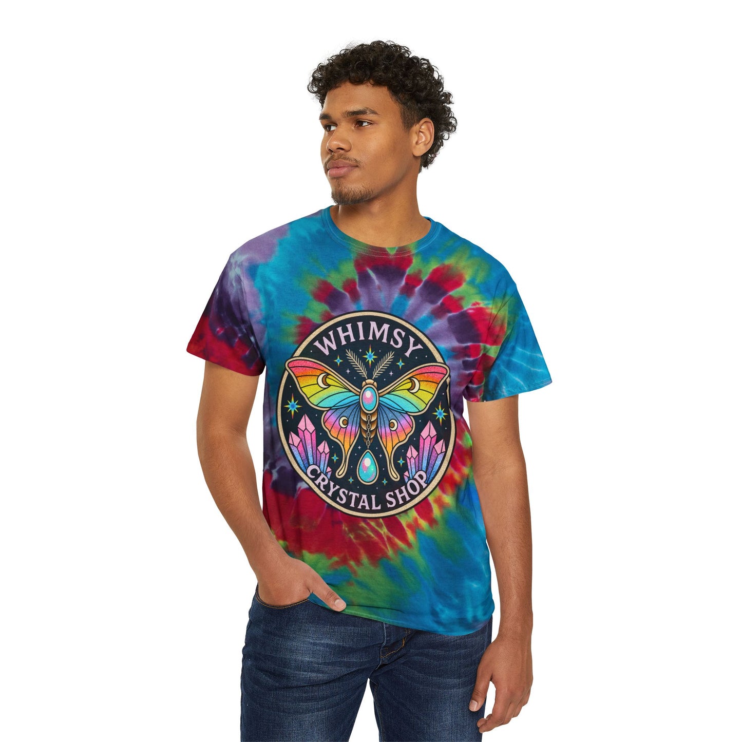 Whimsy Crystal Shop Tie-Dye Tee — Pastel Spiral Butterfly Logo