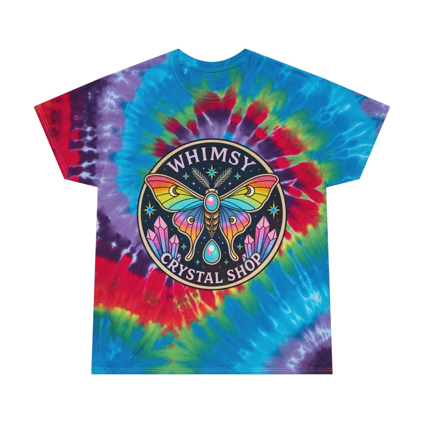 Whimsy Crystal Shop Tie-Dye Tee — Pastel Spiral Butterfly Logo