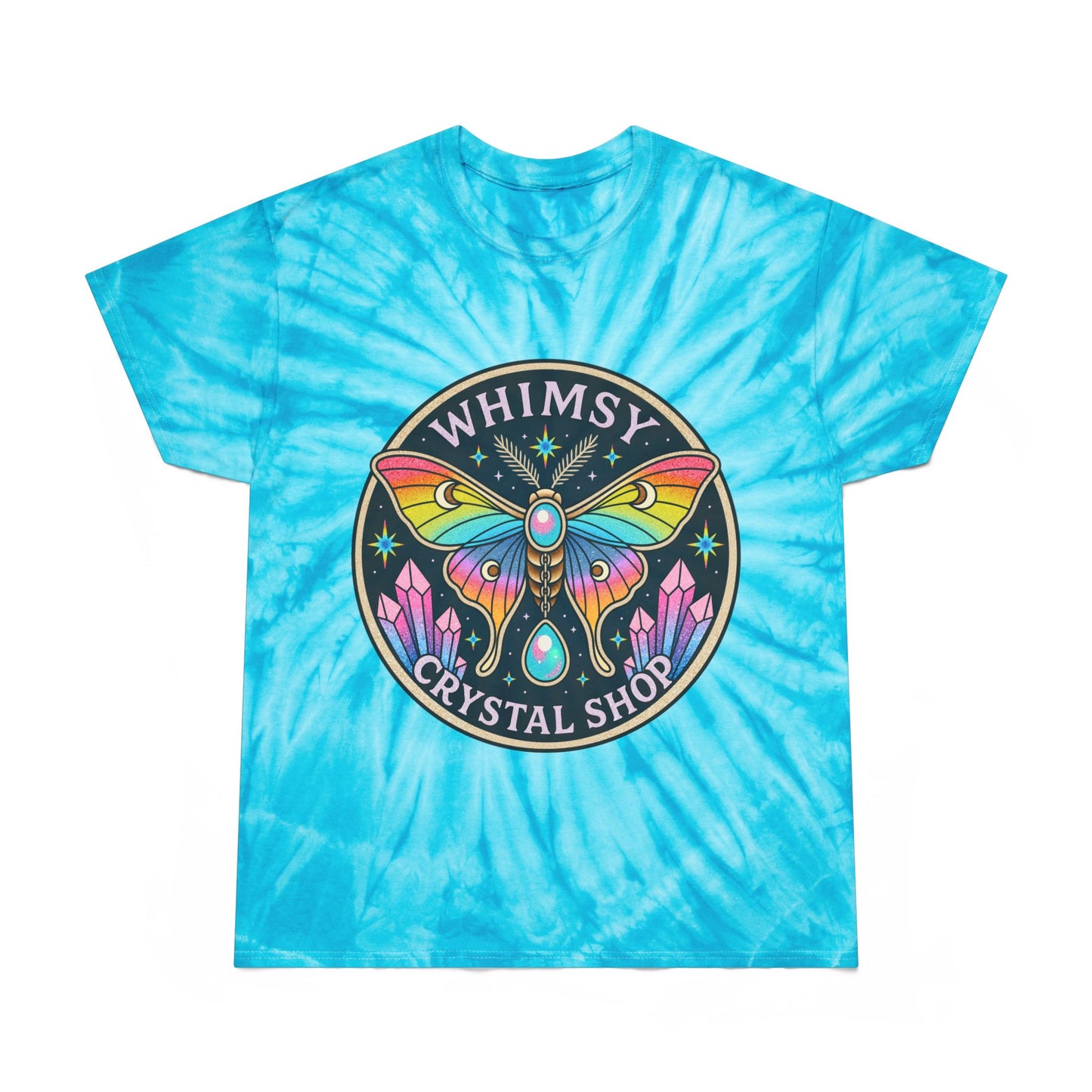 Whimsy Crystal Shop Tie-Dye Tee — Yellow Cyclone Moth Graphic