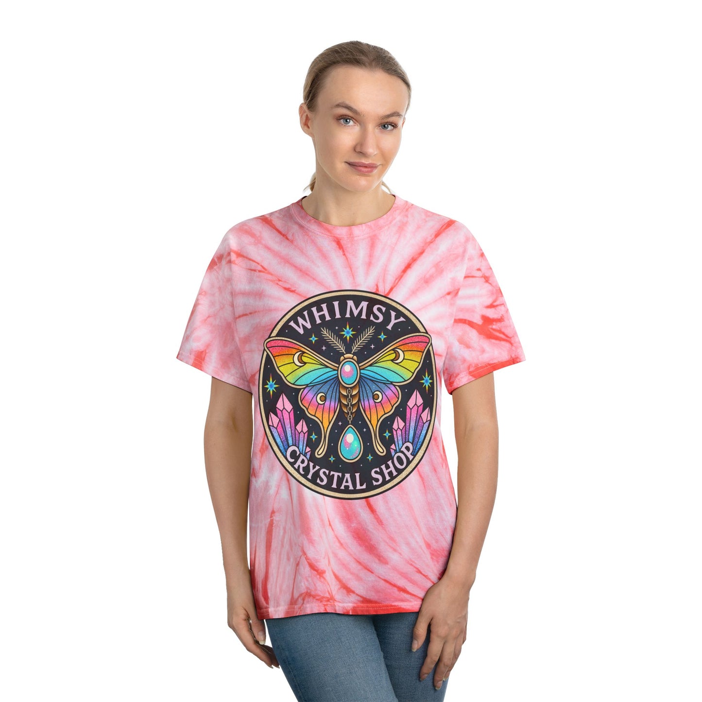 Whimsy Crystal Shop Tie-Dye Tee — Yellow Cyclone Moth Graphic