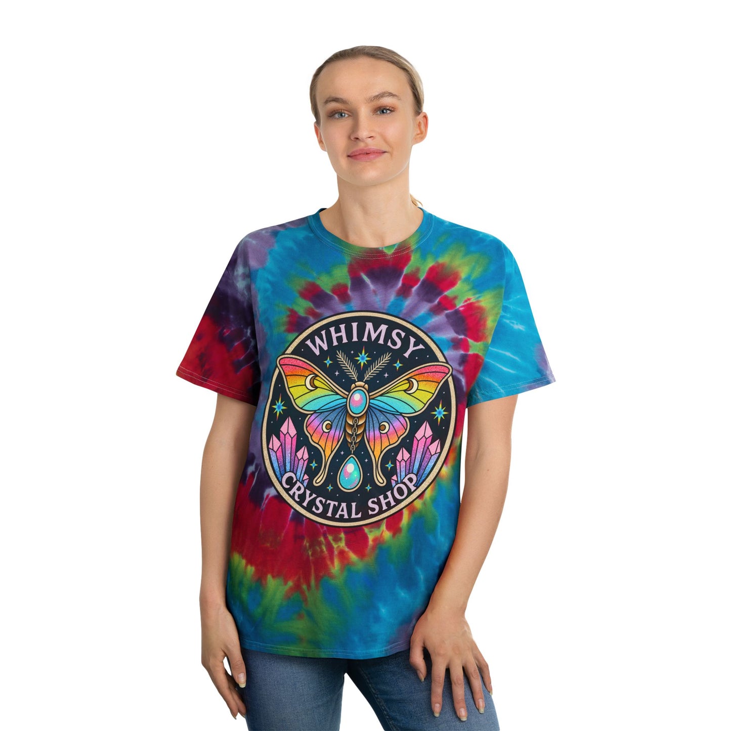Whimsy Crystal Shop Tie-Dye Tee — Pastel Spiral Butterfly Logo