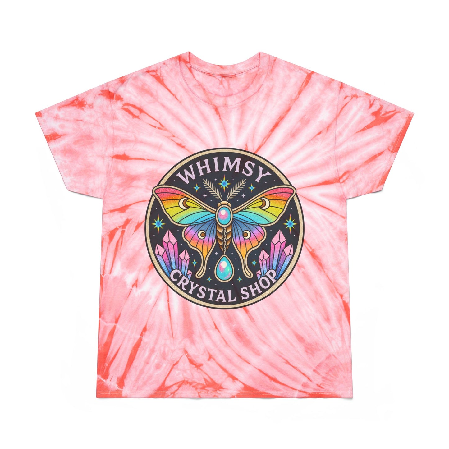 Whimsy Crystal Shop Tie-Dye Tee — Yellow Cyclone Moth Graphic