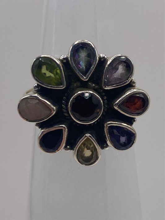 Multi chakra stone Adjustable fits sizes 5-10 sterling silver