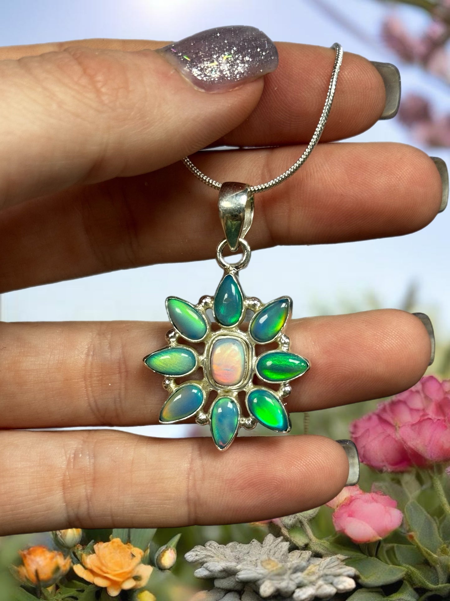 Reserved sally Lab Aurora Opal Flower Pendant Necklace Sterling Silver