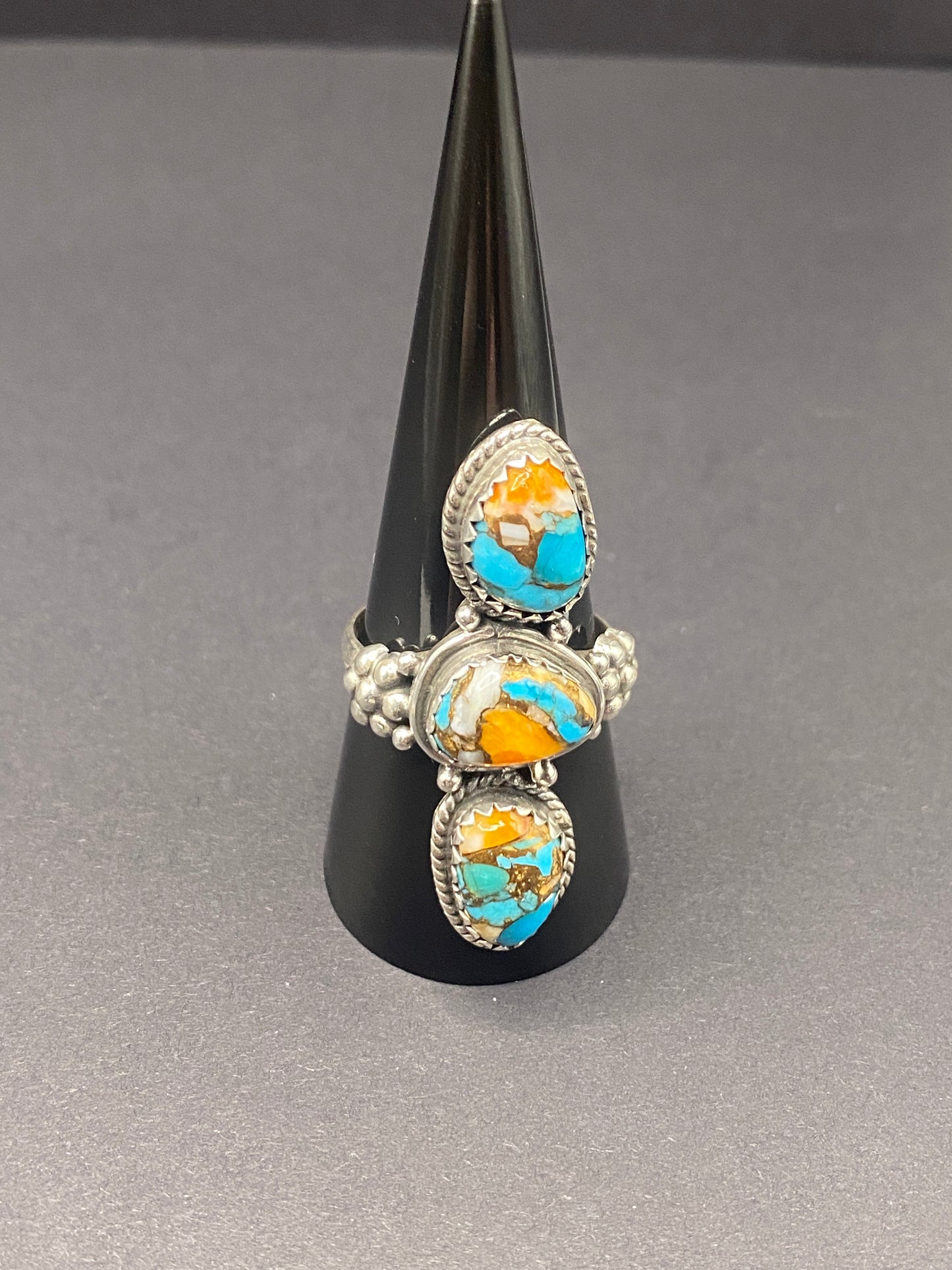 Size 9.75 spiny oyster+copper turquoise sterling silver