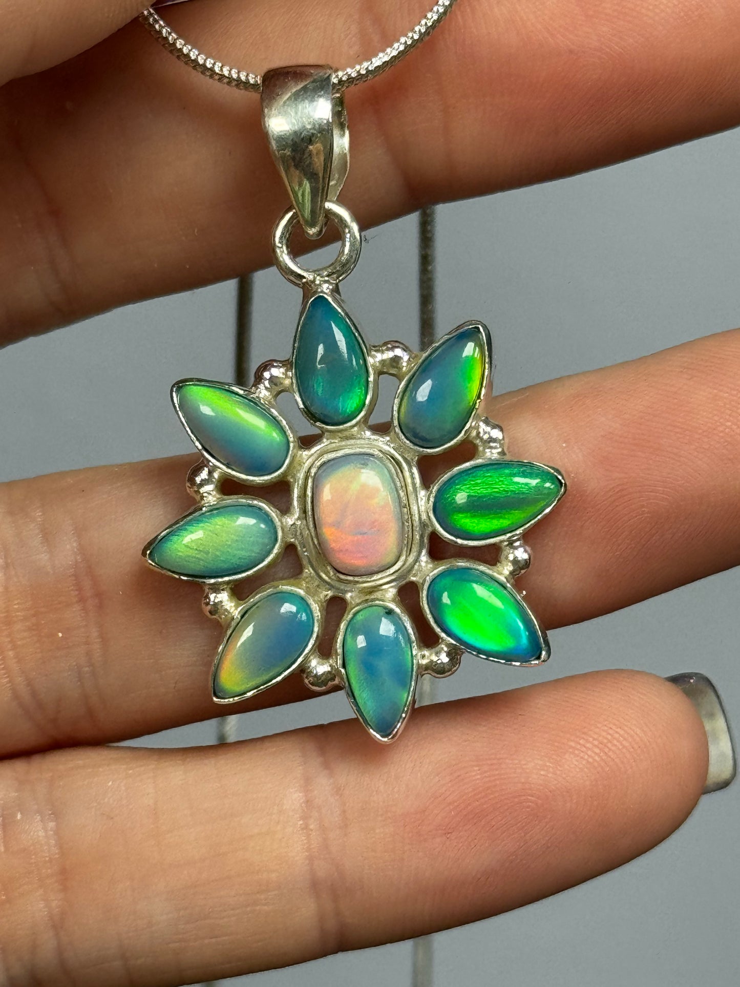 Reserved sally Lab Aurora Opal Flower Pendant Necklace Sterling Silver