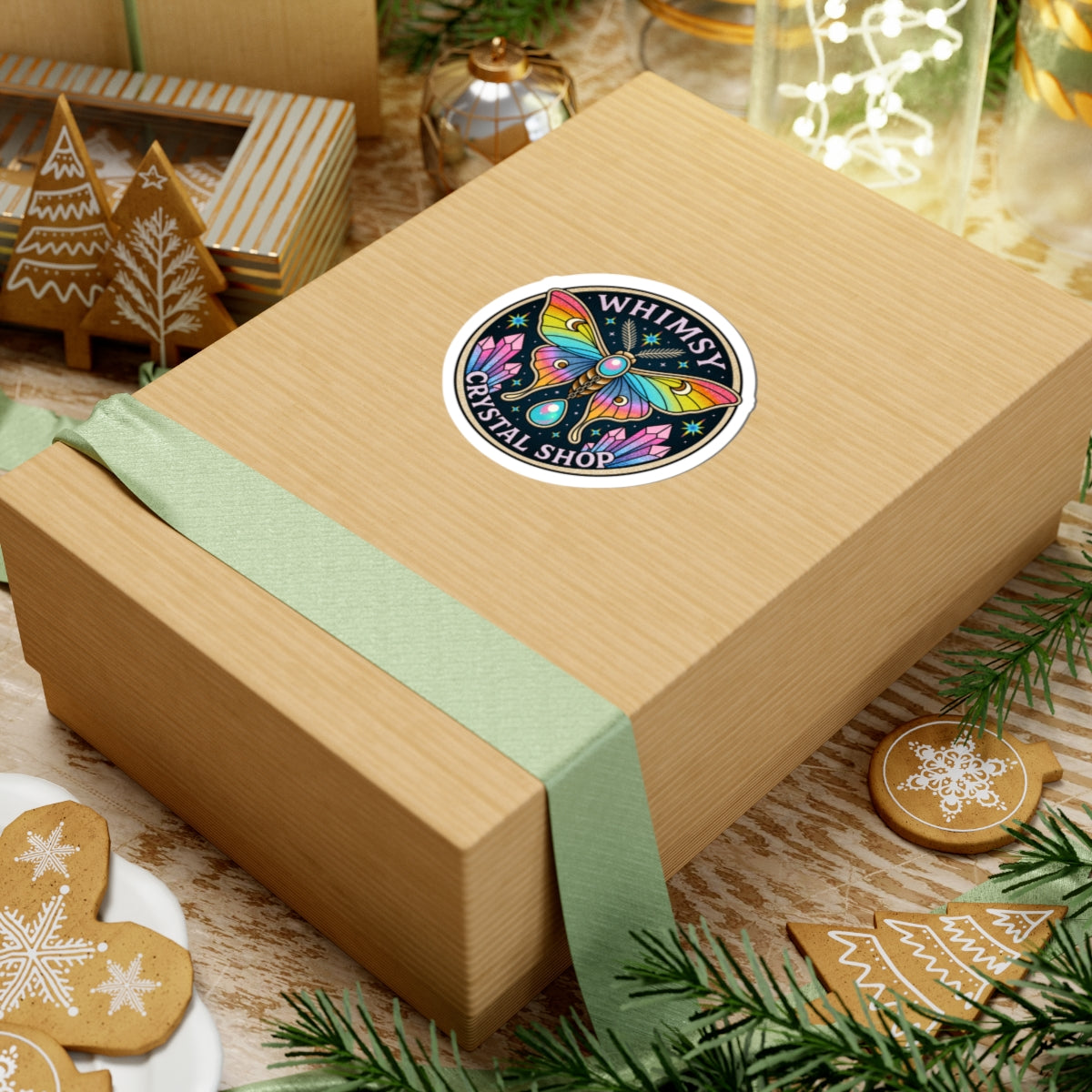 Whimsy Crystal Shop Sticker — Rainbow Moth Kiss-Cut Sticker