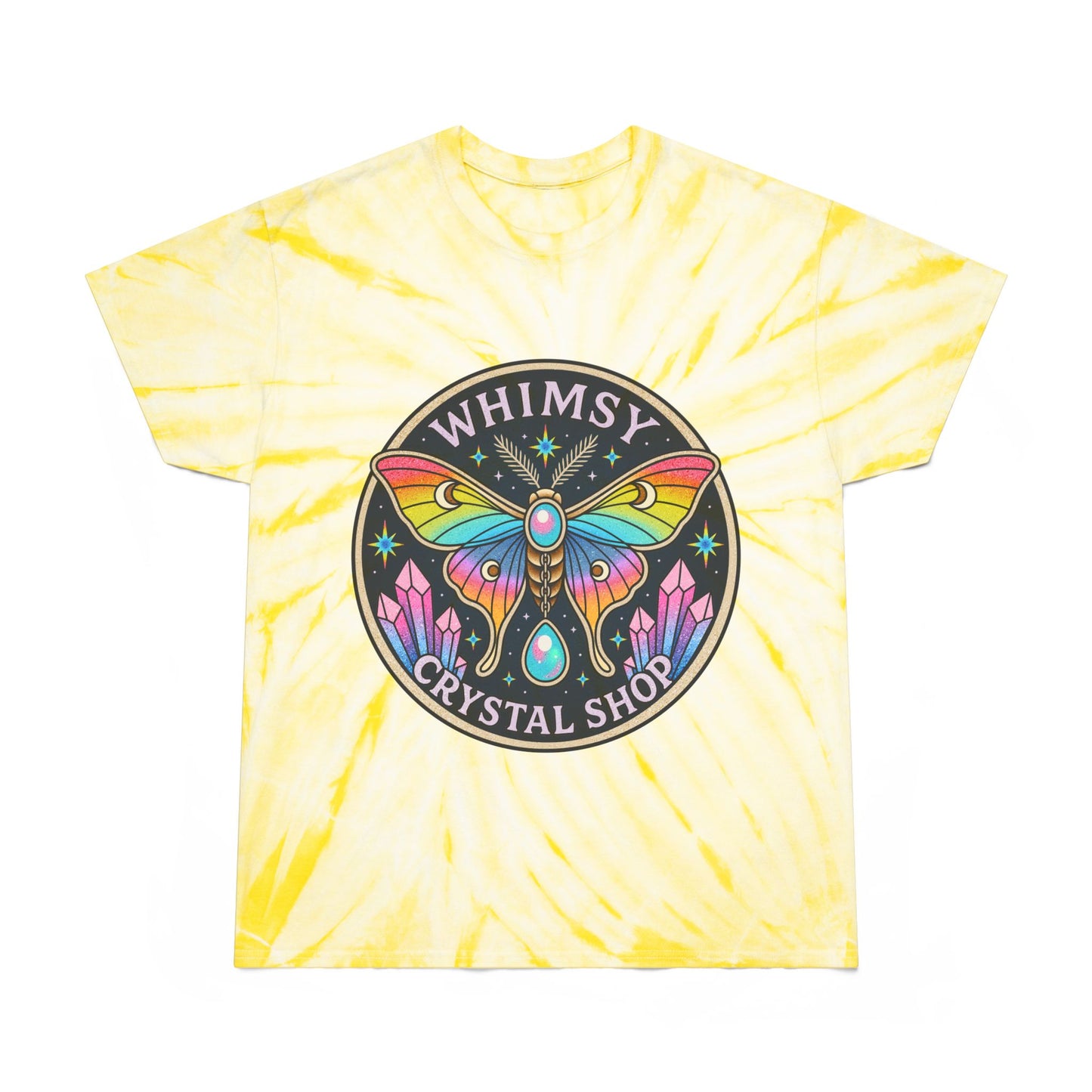 Whimsy Crystal Shop Tie-Dye Tee — Yellow Cyclone Moth Graphic