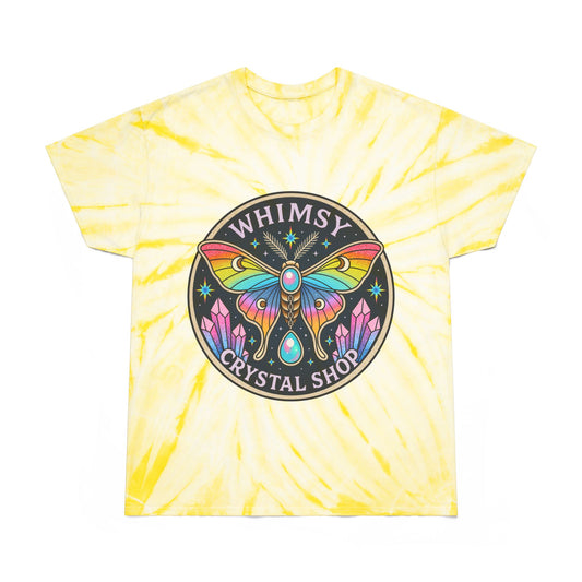 Whimsy Crystal Shop Tie-Dye Tee — Yellow Cyclone Moth Graphic