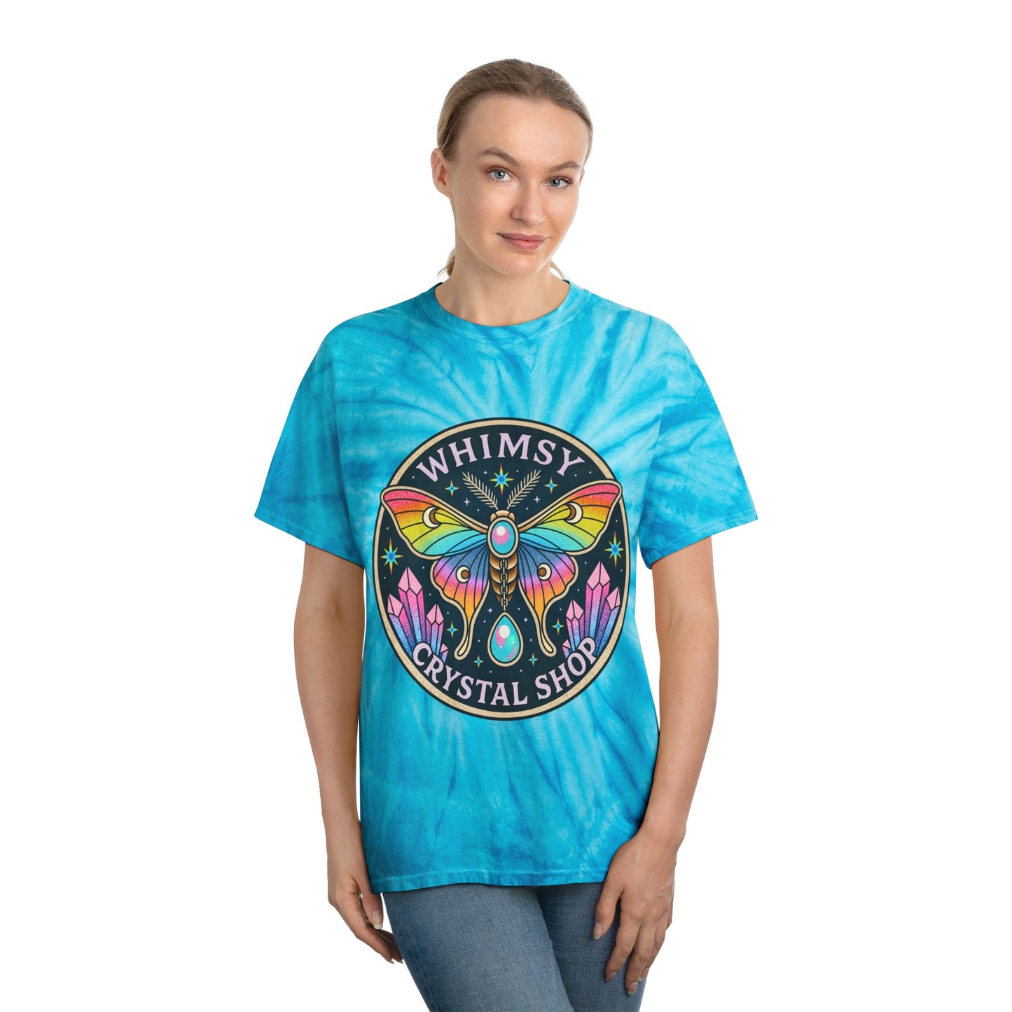 Whimsy Crystal Shop Tie-Dye Tee — Yellow Cyclone Moth Graphic